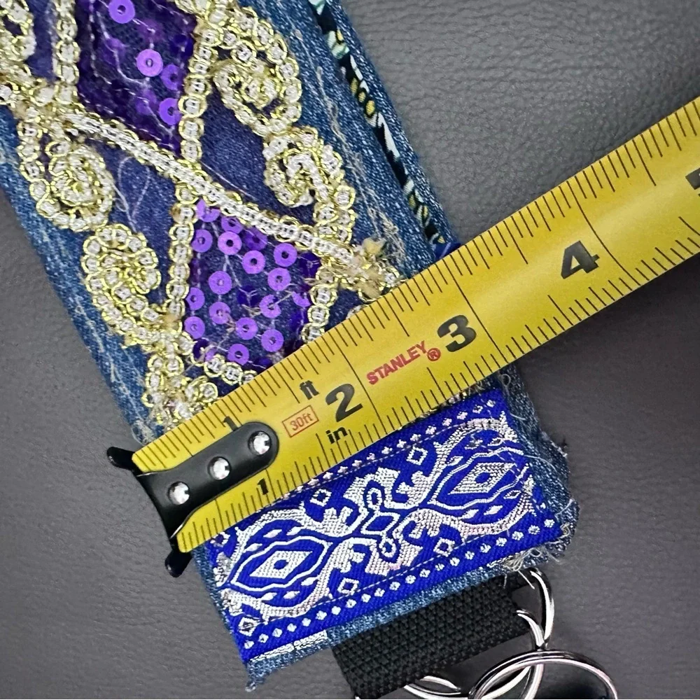 Artisan Denim Belt Handmade OOAK Boho Gold & Purple Sequin 3’ Wide Signed 30-36